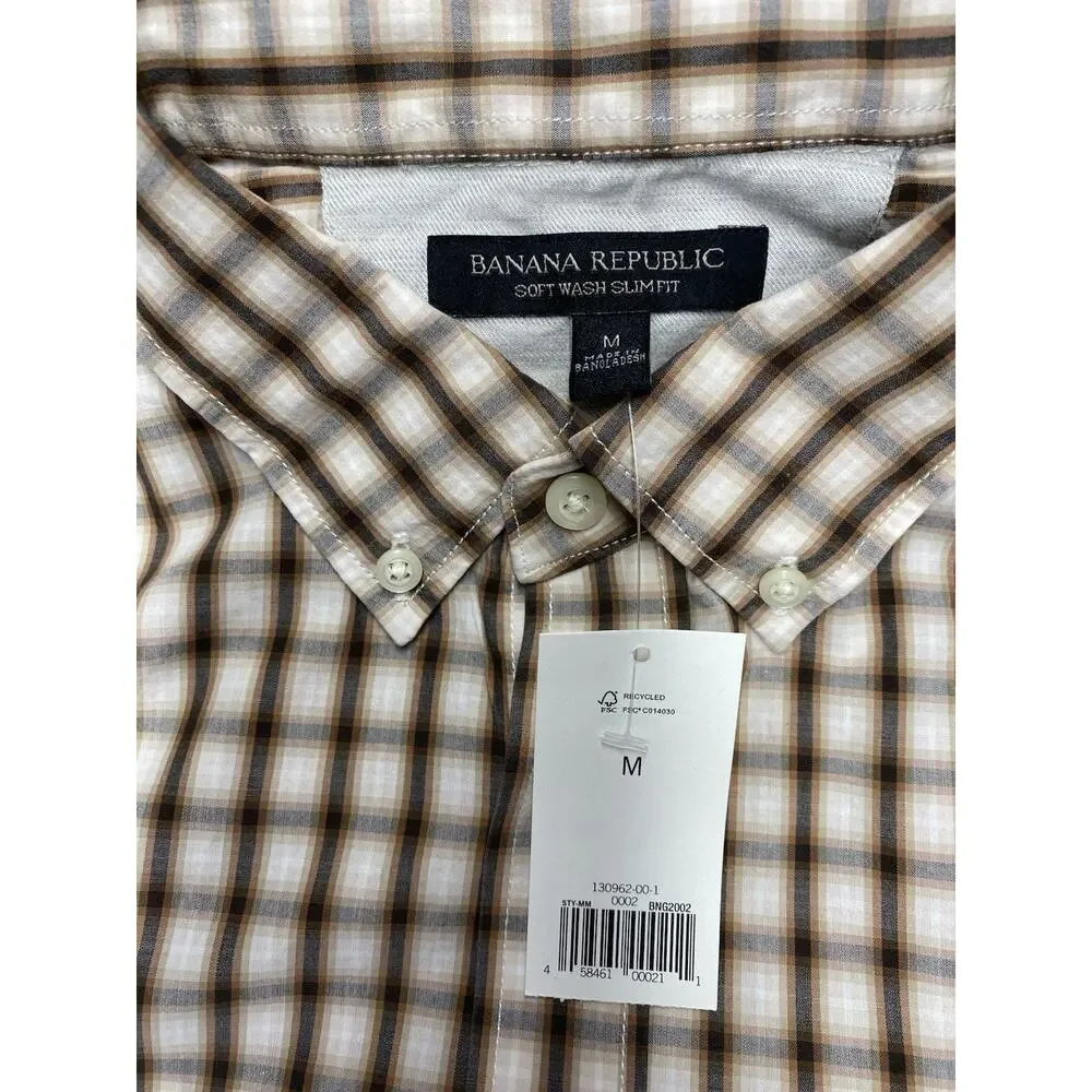 Banana Republic Shirt Mens Medium NEW Soft Wash Slim Fit Brown Plaid Long Sleeve
